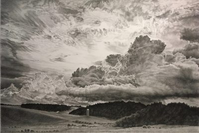 Mary Lee Ruff's work, "Rolling Thunder," 2022,  graphite pencil on paper. This highly detailed pencil drawing shows a dramatic rural landscape beneath a vast, cloud-filled sky. The sky dominates the composition, filled with layered, textured clouds ranging from light and wispy to dark and dense, suggesting an approaching storm. Below, gently rolling fields lead to a tree-lined ridge with a small silo and a barn visible in the midground, adding scale and depth to the serene yet powerful scene.
