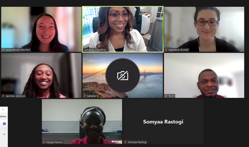 image of 5 graduate student ambassadors and Shania Clinedinst in a Zoom meeting. A sixth student chose not to have their photo shared